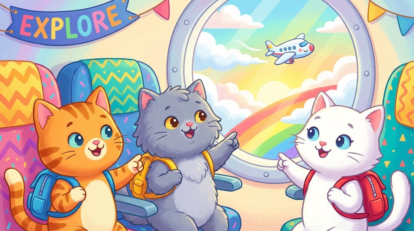 Gatos viajando felices en avión